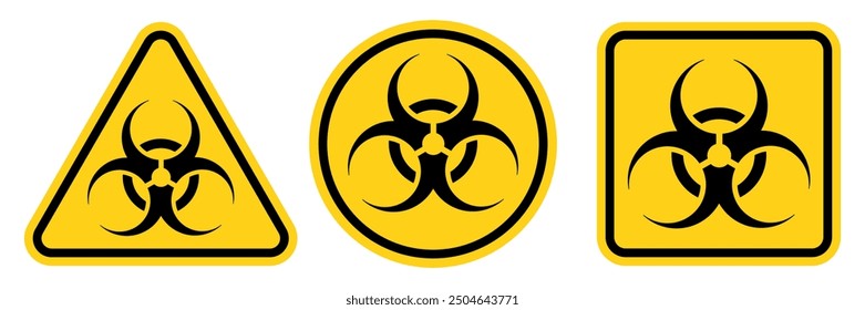 Set hazard danger yellow vector signs. Biohazard sign, logo, badge, icon, sticker, label, emblem, stamp, symbol, black, line, flat vector, isolated illustration.