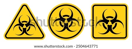 Set hazard danger yellow vector signs. Biohazard sign, logo, badge, icon, sticker, label, emblem, stamp, symbol, black, line, flat vector, isolated illustration.