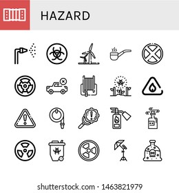 Set of hazard icons such as Harmonic, Fire hose, Biohazard, Wind energy, Smoking pipe, Forbidden, Radioactive, Flammable, Warning, Water hose, Error, Fire extinguisher , hazard