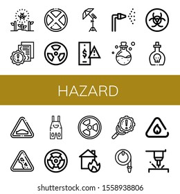 Set of hazard icons. Such as Radioactive, Error, Forbidden, Radiation, Reflector, Risk, Fire hose, Poison, Biohazard, Hump, Falling rocks, Overall, House on fire , hazard icons