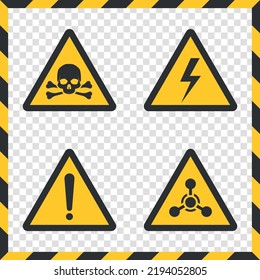 Set of hazard warning attention signs vector icon isolated on checkered background.