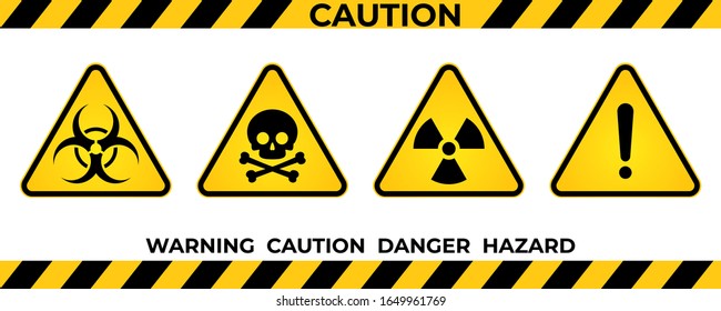 Set of hazard warning signs. Black yellow triangle warning safety and caution signs. Information hazard vector symbol, icon. Vector illustration