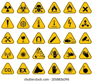 Conjunto de señales de advertencia de peligro. Símbolo de peligro de precaución, ilustración vectorial, conjunto de iconos aislados.