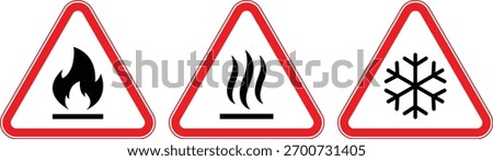 Set of hazard warning signs: fire hazard, hot surface sign, cold temperature safety symbol