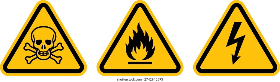 Set of Hazard Warning Signs Toxic Flammable Electric