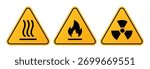Set of hazard warning signs vector. Heat danger sign, Fire hazard sign, Radiation sign
