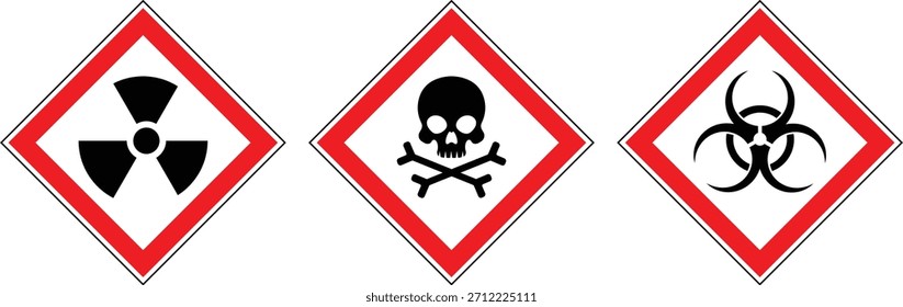 Set of hazard warning signs vector. Radioactive hazard sign, crossbones toxic hazard, biohazard safety sign