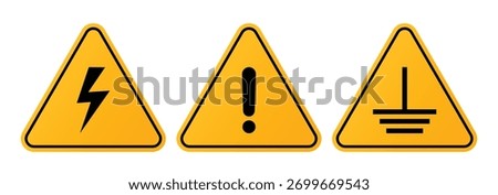 Set of hazard warning signs vector. High Voltage danger sign, general caution sign, electrical grounding sign