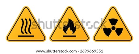 Set of hazard warning signs vector. Heat danger sign, Fire hazard sign, Radiation sign