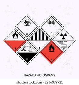 Set of hazards pictograms on vector grunge background.  Globally Harmonized System - Original pictogram. Corrosive substances, radioactive materials, infectious substances. EPS10.