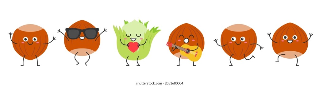 Set hazelnut character cartoon emotions joy happiness smiling face jumping running sings nut icon beautiful vector illustration.