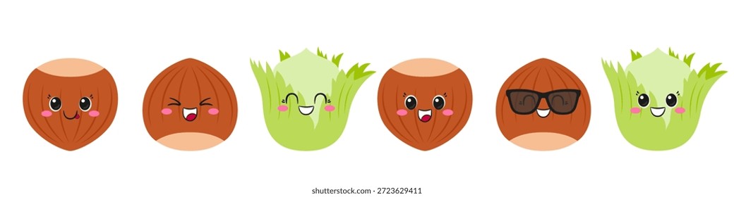 Conjunto de avellana, personaje de dibujos animados lindo y divertido, tuerca sabrosa y saludable, ojos grandes, emociones alegría deleite, cara sonriente feliz, estilo kawaii, ilustración para niños de Vector de íconos.