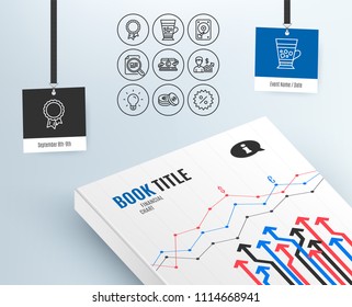 Set of Hdd, Frappe and Savings icons. Check article, Light bulb and Success signs. Copywriting notebook, Business growth and Discount symbols. Hard disk, Cold drink, Cash coins. Vector
