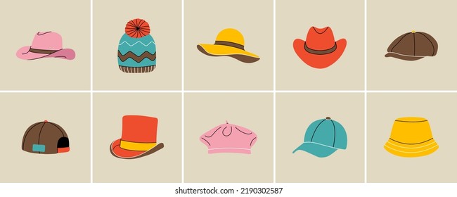 Conjunto de accesorios para cabezales en un estilo moderno de línea plana. Dibujo manual de ilustración vectorial de gorra de béisbol, sombrero, panama, boina, estilo de moda de sombrero de vaquero, diseño de dibujos animados, parche, placa, emblema.