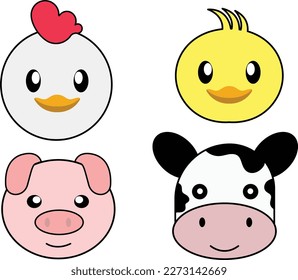 Set of head animal farm. Chicken,pig,cow, Vector illustration.