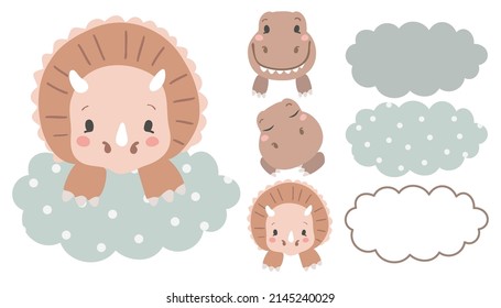 Set of head baby dinosaur, cloud and outline cloud. Cute sleeping dino vector illustration. Boho baby shower elements.