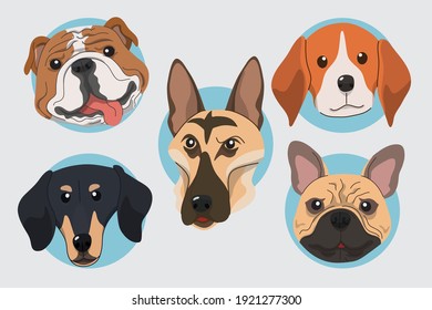 Set of Head Bulldog, Beagle, German Shepherd, Dachshunds, French Bulldog, Vector Illustration
