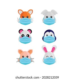 Set of head cartoon animal wearing mask collection