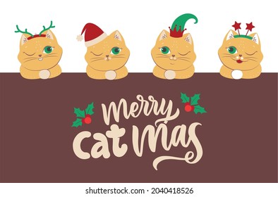 The set of head cats with lettering quote is good for Merry Christmas designs. The collection image of winter animals with in the hat, elf, stars, horns. The vector illustration