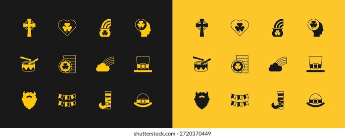 Set Kopf mit Klee trefoil Blatt, Karneval Girlande Fahnen, Regenbogen Wolke, Leprechaun Stiefel, Golden Leprechaun Münze, Topf von Gold Regenbogen, Keltisches Kreuz und Herz-Ikone. Vektorgrafik