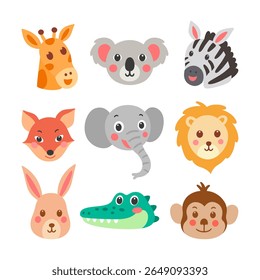 Set of head cute animals. Wild zoo giraffe, koala bear, zebra, fox, elephant, lion, rabbit, crocodile, and monkey vector for print, card, design.