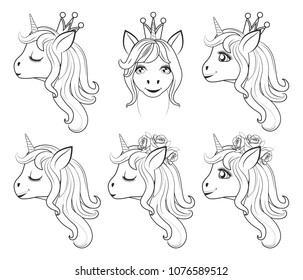 set the head of cute unicorns BLACK LINE