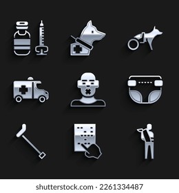 Set Head of deaf and dumb, Braille, Human broken arm, Adult diaper, Walking stick cane, Emergency car, Dog wheelchair and Syringe icon. Vector