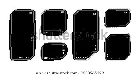 Set of head up display frames. Futuristic gui elements. Abstract hud interface mockups. Technology info box for digital game or app. Vector graphics. 