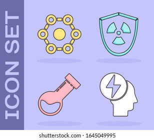 Set Head and electric symbol, Chemical formula, Test tube and flask chemical and Radioactive in shield icon. Vector