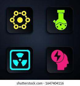 Set Head and electric symbol, Chemical formula, Radioactive and Test tube and flask chemical. Black square button. Vector