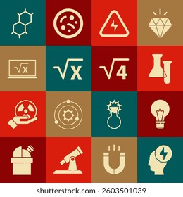 Set Head and electric symbol, Light bulb with concept of idea, Test tube flask, High voltage, Square root x glyph, Chemical formula and 4 icon. Vector