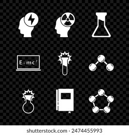 Set Head and electric symbol, radiation, Test tube flask, Book, Molecule, Equation solution and  icon. Vector