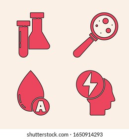 Set Head and electric symbol, Test tube and flask chemical, Microorganisms under magnifier and Water drop icon. Vector