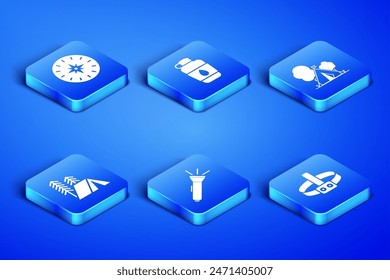 Set Head flashlight, Compass, Flashlight, Tourist tent, Canteen water bottle and with flag icon. Vector