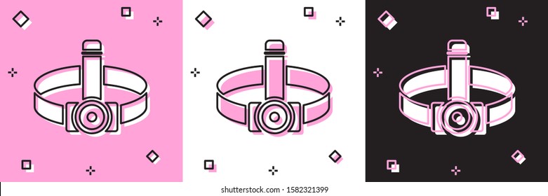 Set Head flashlight icon isolated on pink and white, black background. Tourist head flashlight. Camping head light.  Vector Illustration
