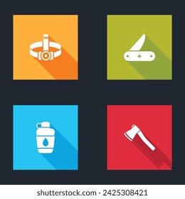 Set Head flashlight, Swiss army knife, Canteen water bottle and Wooden axe icon. Vector