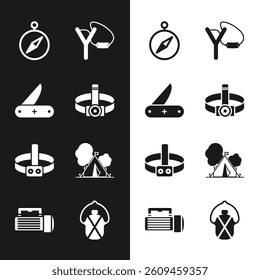 Set Head flashlight, Swiss army knife, Compass, Slingshot, Tourist tent with flag, Canteen water bottle and Flashlight icon. Vector