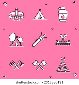 Set Head flashlight, Tourist tent with flag, Canteen water bottle, Flashlight, Rafting boat, Crossed wooden axe and  icon. Vector