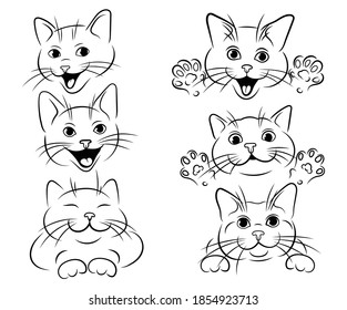 Set of head funny cats. Collection of cartoon portrait cats with paws. Vector illustration of cute cats. Peeking animals. Playing pets. Tattoo