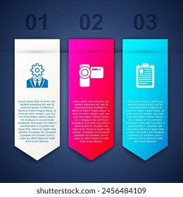 Set Head with gear inside, Cinema camera and Clipboard dental card. Business infographic template. Vector