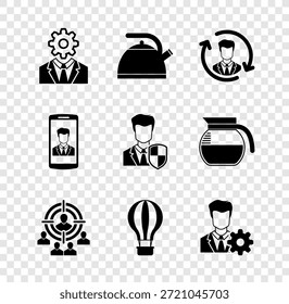 Set Head with gear inside, Kettle handle, Human resources, Marketing target strategy, Hot air balloon and Profile settings icon. Vector
