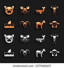 Set Head of goat or ram, Giraffe head, Sheep, Horse, Shark fin in ocean wave, Whale, Cat and Rat icon. Vector