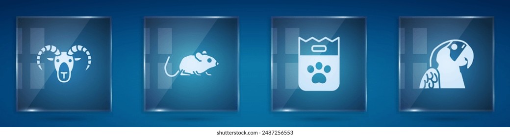 Set Head of goat or ram, Rat, Bag food and Macaw parrot. Square glass panels. Vector