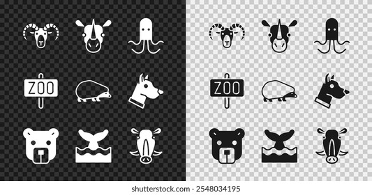 Cabeza de cabra o carnero, Rinoceronte, Pulpo, cabeza de oso, cola de ballena, ola oceánica, jabalí, parque zoológico e icono de erizo. Vector