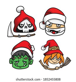 set of head halloween characters wearing santa hat. vector illustration