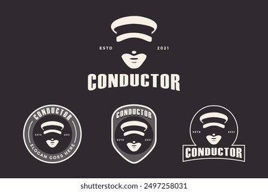 Set of head hat of conductor logo badge vector template on dark background