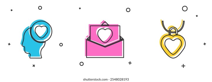 Set Head with heart, Envelope Valentine and Necklace shaped icon. Vector