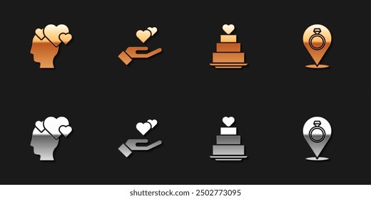 Set Cabeza con corazón, corazón en mano, pastel de Boda y anillos icono. Vector