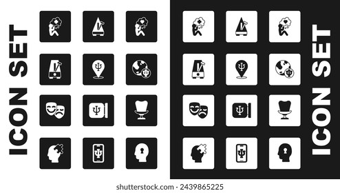 Set Head with heart, Psychology, Psi, Metronome pendulum, Helping hand, Armchair and Comedy tragedy masks icon. Vector