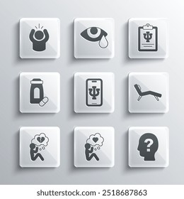 Set Head with heart, question mark, Armchair, Psychologist online, Broken or divorce, Sedative pills, Anger and Psychology, Psi icon. Vector - Powered by Shutterstock - Get 15% off with code: PIKWIZARD15